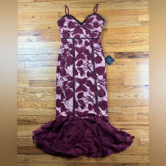 NWT Lulus Alluring Dream Burgundy Floral Mesh Lace Trumpet Midi Dress, Small - Picture 4 of 11